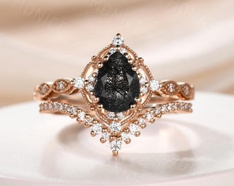 Black Rutilated Quartz Engagement Ring Set, Pear Shaped Engagement Ring, Unique V Curved Stacking Band, Vintage Wedding Set, Rose Gold