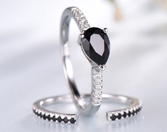 Black Spinel Ring Set Sterling Silver Pear Cut Gemstone Open Gap Black Diamond Simulated Wedding Band Promise Gift