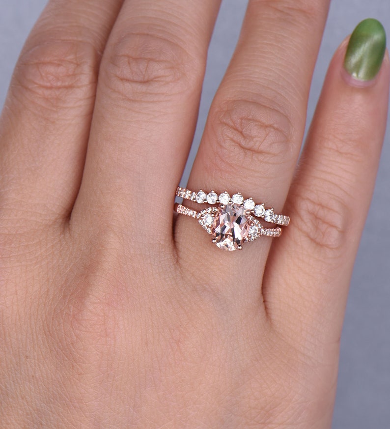 CZ Diamond Wedding Band Rose Gold Morganite Ring 14K Solid Gold Ring Gifts for Her Bridal Ring Set Birthstone Jewelry Stacking Ring