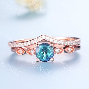 Dainty Alexandrite Engagement Ring Set Art Deco Round Shaped Bridal Set June Birthstone Ring Color Changing Stone Stacking Ring Promise