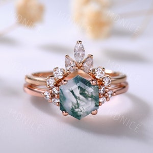 Hexagon Moss Agate Ring Set: Rose Gold Vintage Wedding Rings