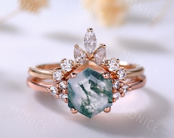 Hexagon Moss Agate Ring Set: Rose Gold Vintage Wedding Rings