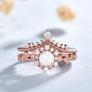 Vintage Opal Engagement Ring Set, Rose Gold Opal Ring, Women's Opal Ring, Stacking Ring, Wedding Ring, Bridal Set, Anniversary Gifts