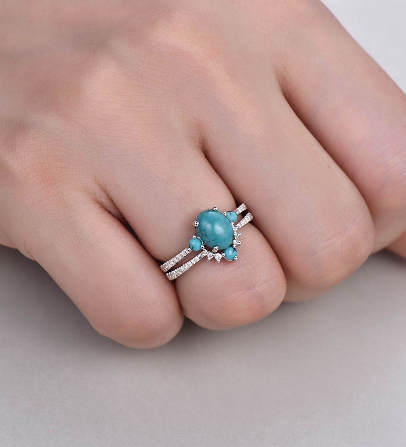 Turquoise Wedding Ring Set Oval Turquoise Ring 925 Sterling Silver Rings December Birthstone Ring Turquoise Gold Ring Bridal Set