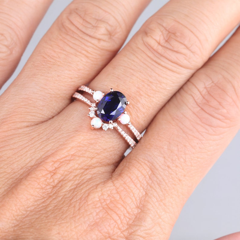 Sapphire Engagement Ring, Oval Blue Sapphire Wedding Ring Set, September Birthstone, Opal Stacking Ring, Gemstone Ring, Anniversary Gift image 10