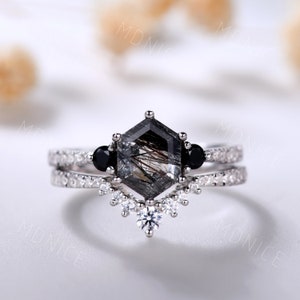 Vintage Hexagon Cut Natural Black Rutilated Quartz Ring White Gold Curved Moissanite Stacking Band Unique Bridal Ring Set Birthday Gift