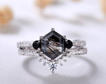 Vintage Hexagon Cut Natural Black Rutilated Quartz Ring White Gold Curved Moissanite Stacking Band Unique Bridal Ring Set Birthday Gift