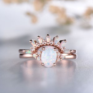 Opal Engagement Ring Set: Sterling Silver White Fire Opal Stacking Rings