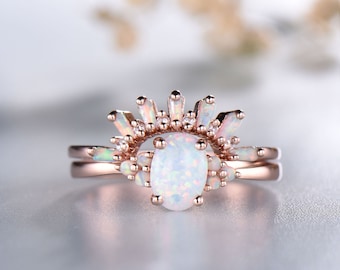 Opal Engagement Ring Set: Sterling Silver White Fire Opal Stacking Rings