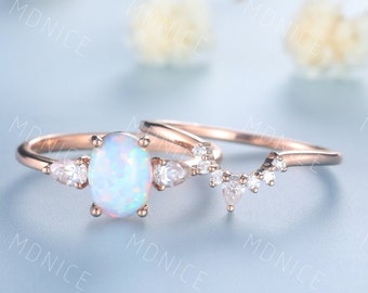 White Opal engagement ring set unique oval cut rose gold engagement ring three stone opal bridal ring curved stacking band anniversary gift