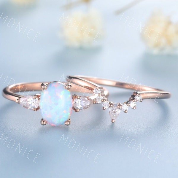White Opal engagement ring set unique oval cut rose gold engagement ring three stone opal bridal ring curved stacking band anniversary gift