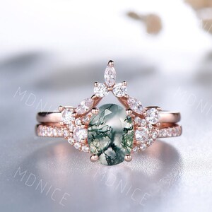 Anillo de compromiso ovalado de ágata musgosa, anillo de boda único de ágata musgosa, anillo apilable curvo, anillo de compromiso nupcial de oro rosa, regalo para mujer.