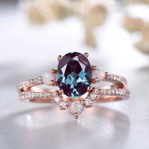 Alexandrite Ring, Oval cut Alexandrite Engagement Ring Set, Color Changing Stone Ring, Opal Matching Band, June Birthstone, Rose Gold