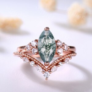 Vintage marquise cut green moss agate engagement ring set Rose Gold marquise cut diamond ring for women unique curved stacking wedding ring