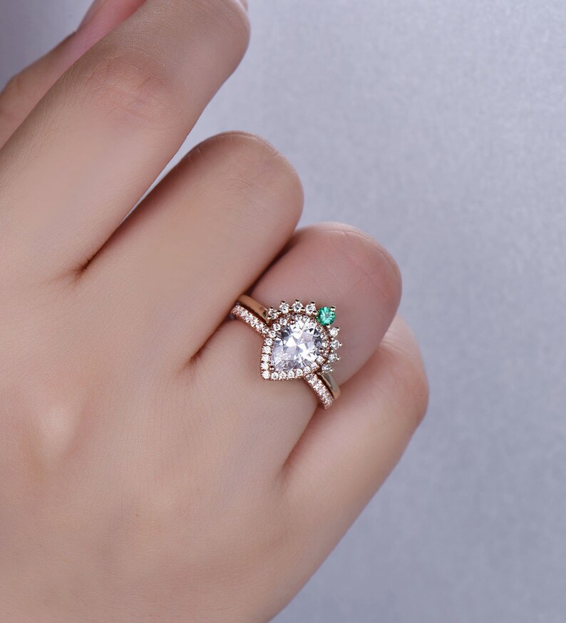 Promise Ring Pear Cut Diamond Simulant Rose Gold Ring Curved Stacking Ring Silver Man Made Diamond Engagement Ring Set Bridal Set