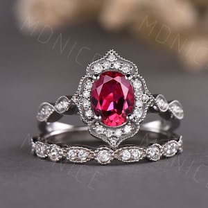 Vintage Art Deco Ruby Engagement Ring Set: Sterling Silver Bridal Promise Ring