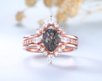 Pear Shaped Black Rutilated Quartz Engagement Ring 3pcs Rose Gold Engagement Ring Set Curved Wedding Band Chevron Ring Promise Gift for her