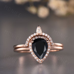 Vintage Pear cut black onyx engagement ring,14k rose gold rings for women,unique curved moissanite stacking band,art deco bridal promise set