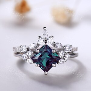 Vintage Alexandrite Engagement Ring Set: White Gold Marquise Diamond Wedding Band