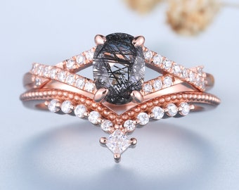 Black Rutilated Quartz Engagement Ring Set: Oval Antique Rose Gold Stacking Band