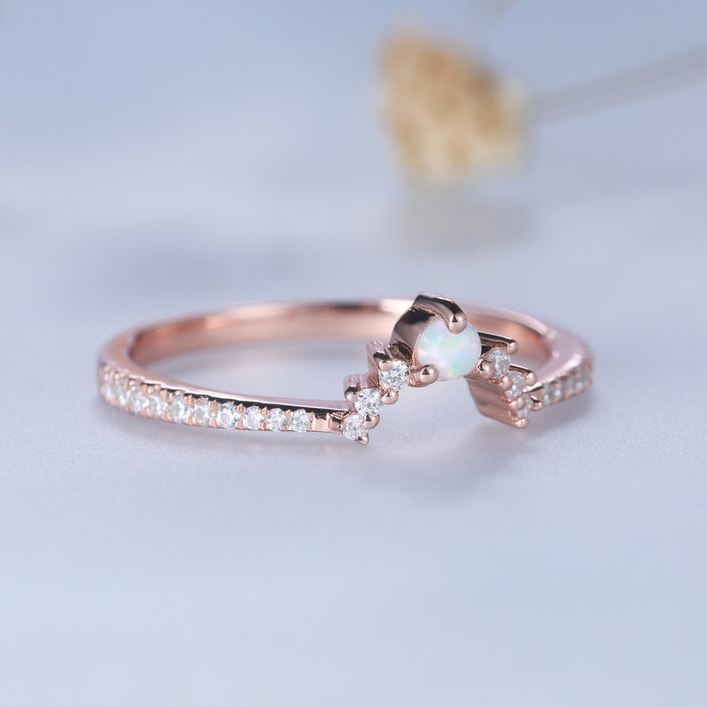 Opal Stacking Band, Dainty Opal Ring, Opal Wedding Ring, Curved Matching Band, White Opal and CZ Ring, Rose Gold Opal Ring, Silver Ring image 2