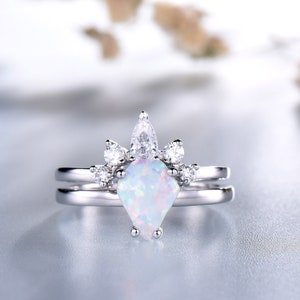 Opal Ring, White Fire Opal Engagement Ring, 14K Opal Ring, Stacking Ring, Sterling Silver Opal Ring, Unique Engagement Ring, Bridal Set