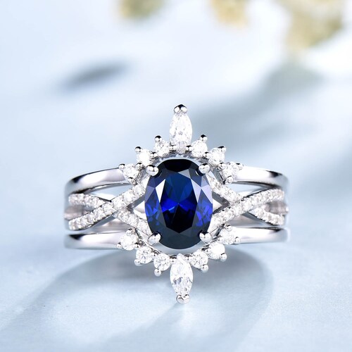 Sapphire Diamond Ring / 14k White Gold Sapphire Ring / Diamond - Etsy