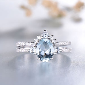 Aquamarine Ring, March Birthstone, Aquamarine Engagement Ring Set, 925 Sterling Silver Ring, Stacking Ring, Gemstone Wedding Band,Bridal Set