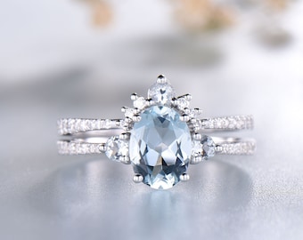 Aquamarine Engagement Ring Set: Sterling Silver Gemstone Wedding Band
