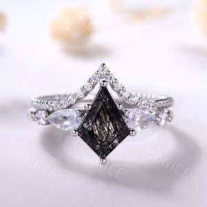 Vintage black rutilated quartz engagement ring set Kite cut ring unique art deco twisted stacking ring for women bridal wedding ring set