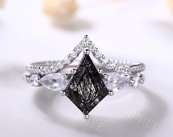 Vintage black rutilated quartz engagement ring set Kite cut ring unique art deco twisted stacking ring for women bridal wedding ring set