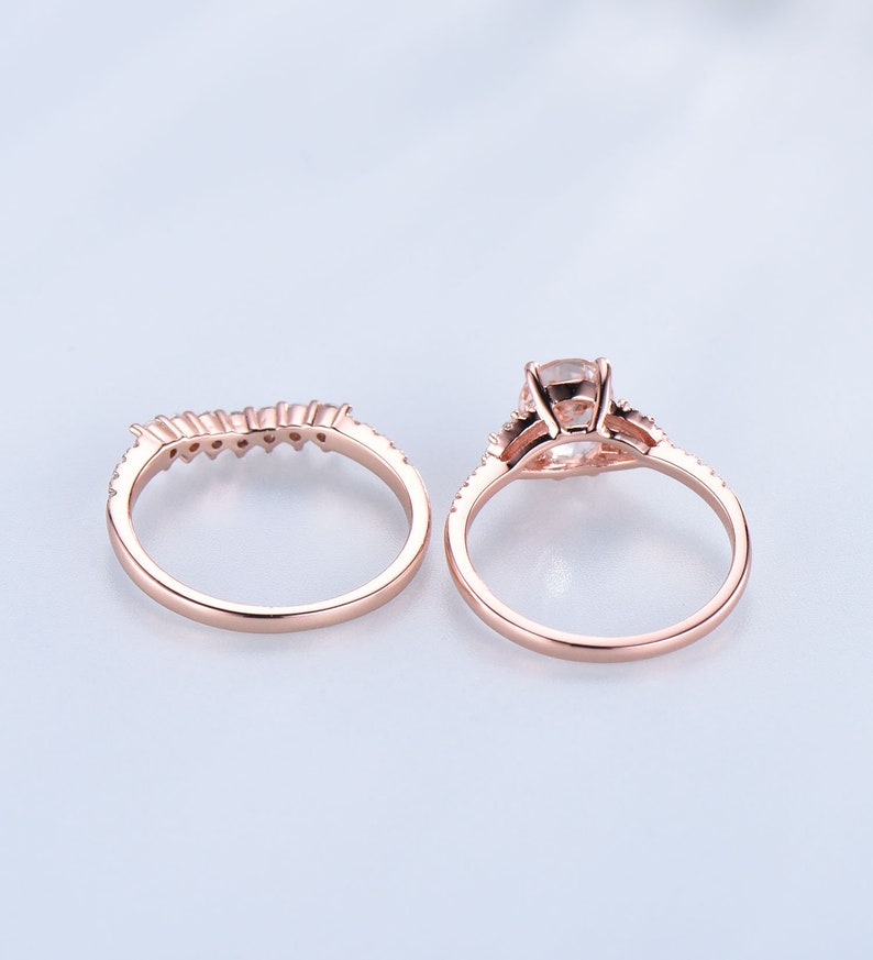 CZ Diamond Wedding Band Rose Gold Morganite Ring 14K Solid Gold Ring Gifts for Her Bridal Ring Set Birthstone Jewelry Stacking Ring