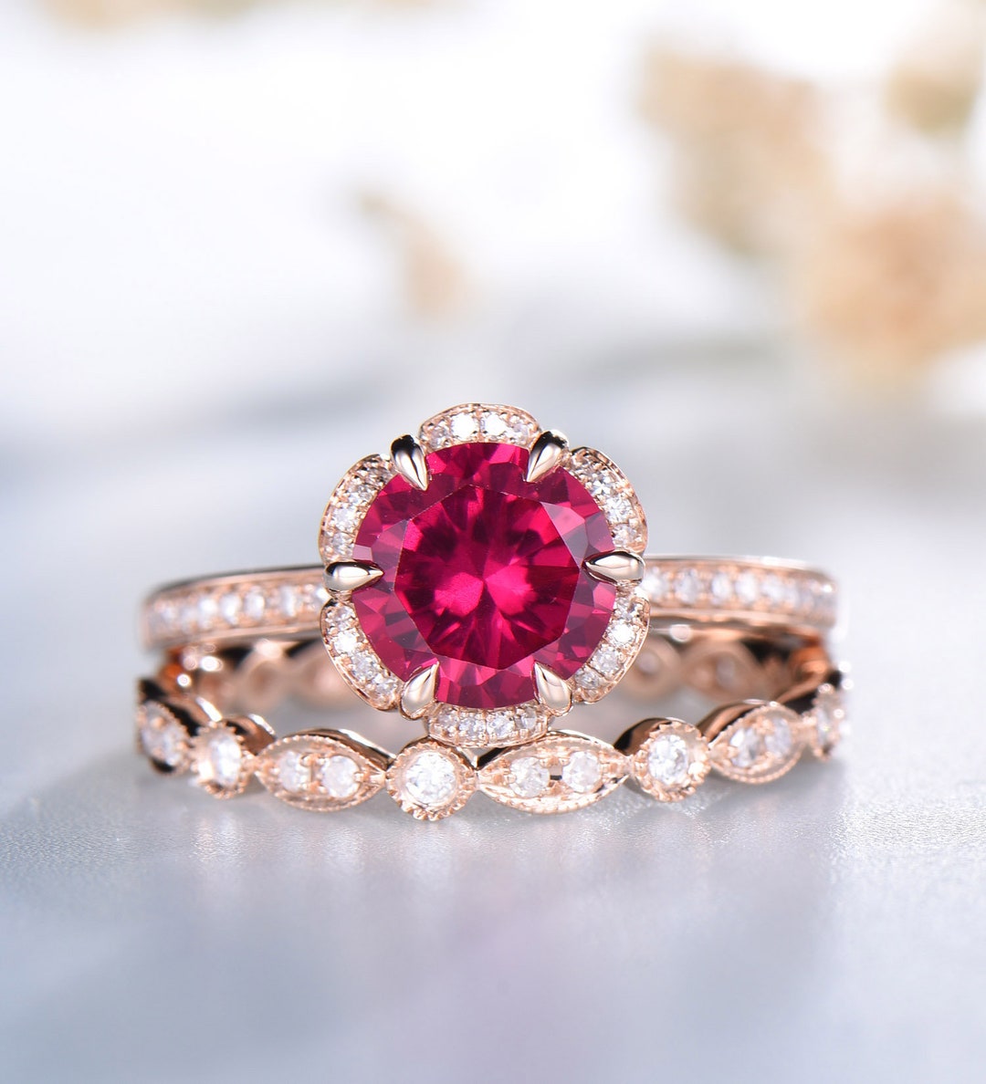 Ruby Engagement Ring Set Art Deco Dainty CZ Diamond Stacking Ring July ...