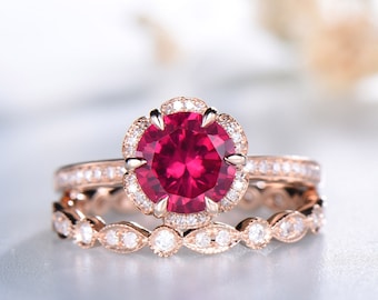 Art Deco Ruby Engagement Ring Set: CZ Diamond Sterling Silver Stacking Rings