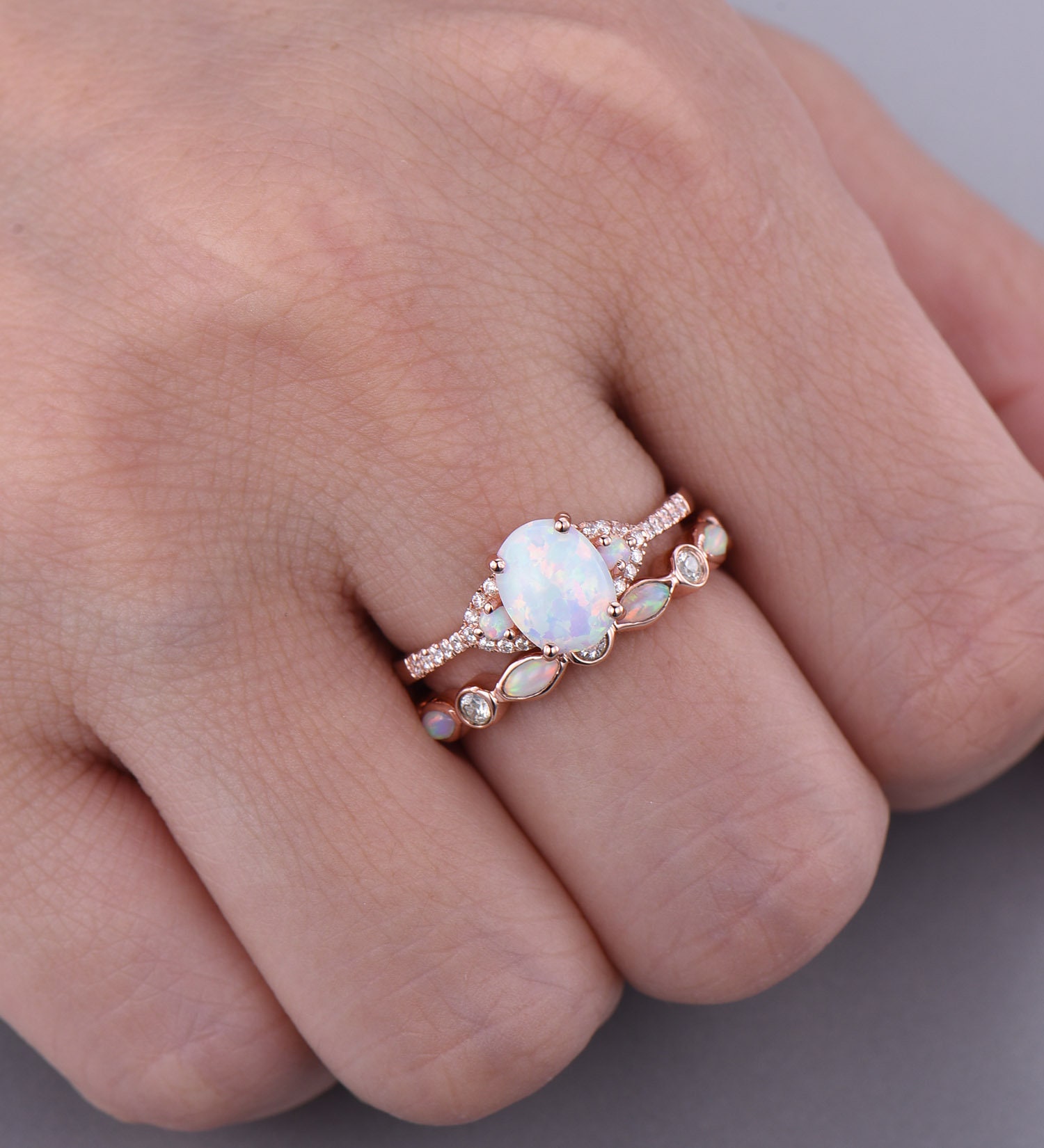 White Opal Ring Opal Wedding Ring Set Eternity Opal Stacking Etsy