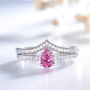 Pink Tourmaline Wedding Set Pear Natural Tourmaline Engagement Ring 14K Gold Ring V Curved Matching Band Bridal Set Sterling Silver