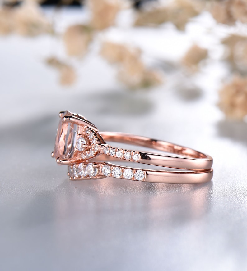 CZ Diamond Wedding Band Rose Gold Morganite Ring 14K Solid Gold Ring Gifts for Her Bridal Ring Set Birthstone Jewelry Stacking Ring