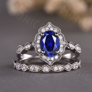 Blue Sapphire Ring, Oval Sapphire Engagement Ring Set, Art Deco Wedding Ring, September Birthstone, Vintage Bridal Promise Ring, Silver