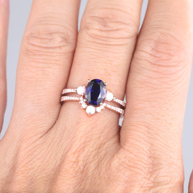 Sapphire Engagement Ring, Oval Blue Sapphire Wedding Ring Set, September Birthstone, Opal Stacking Ring, Gemstone Ring, Anniversary Gift image 9