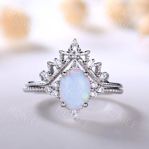 Sterling Silver Opal Ring, Vintage Opal Engagement Ring, White Opal Ring, Unique Art Deco Stacking Band, Opal Bridal Ring Set, Gift for Her