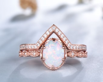 White Fire Opal Wedding Ring Set: Sterling Silver CZ Engagement Ring