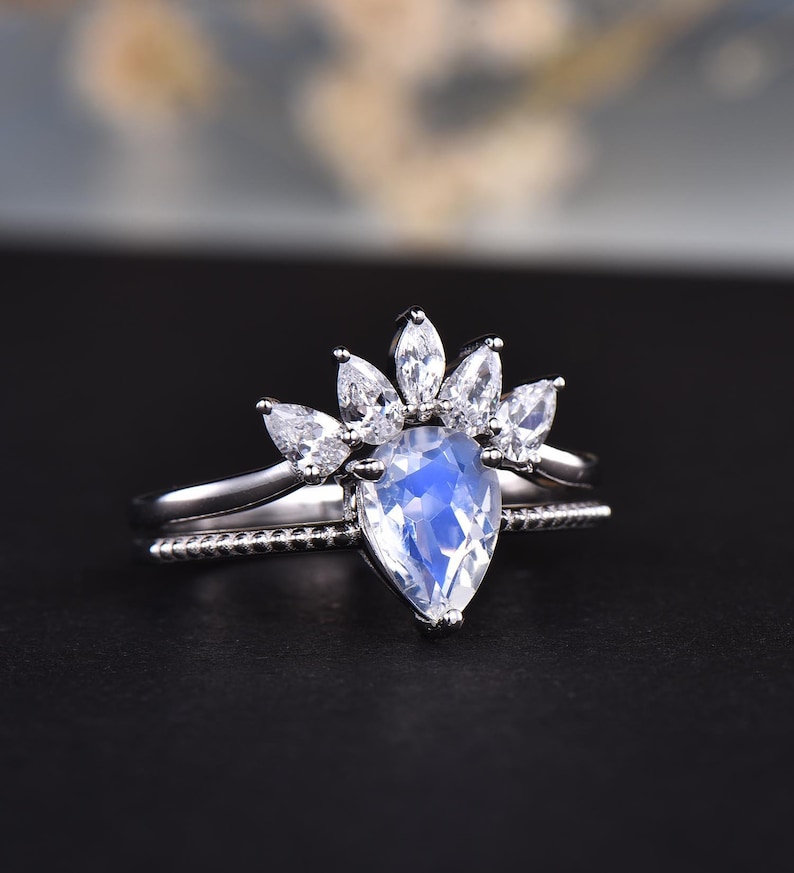 White Gold Moonstone Wedding Ring Set Vintage Moonstone Ring Pear Moonstone Engagement Ring Crown Wedding Band Sterling Silver Ring