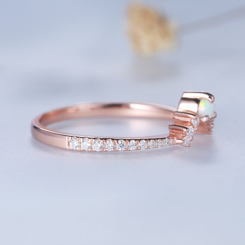 Opal Stacking Band, Dainty Opal Ring, Opal Wedding Ring, Curved Matching Band, White Opal and CZ Ring, Rose Gold Opal Ring, Silver Ring image 3