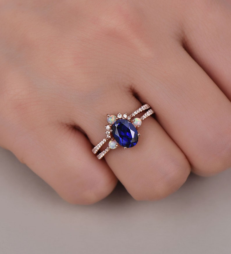 Sapphire Engagement Ring, Oval Blue Sapphire Wedding Ring Set, September Birthstone, Opal Stacking Ring, Gemstone Ring, Anniversary Gift image 3