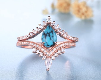 Turquoise Ring, Rose Gold Turquoise Engagemen Ring Set, Teardrop Turquoise Ring, CZ Diamond Stacking Band, Turquoise Promise Ring