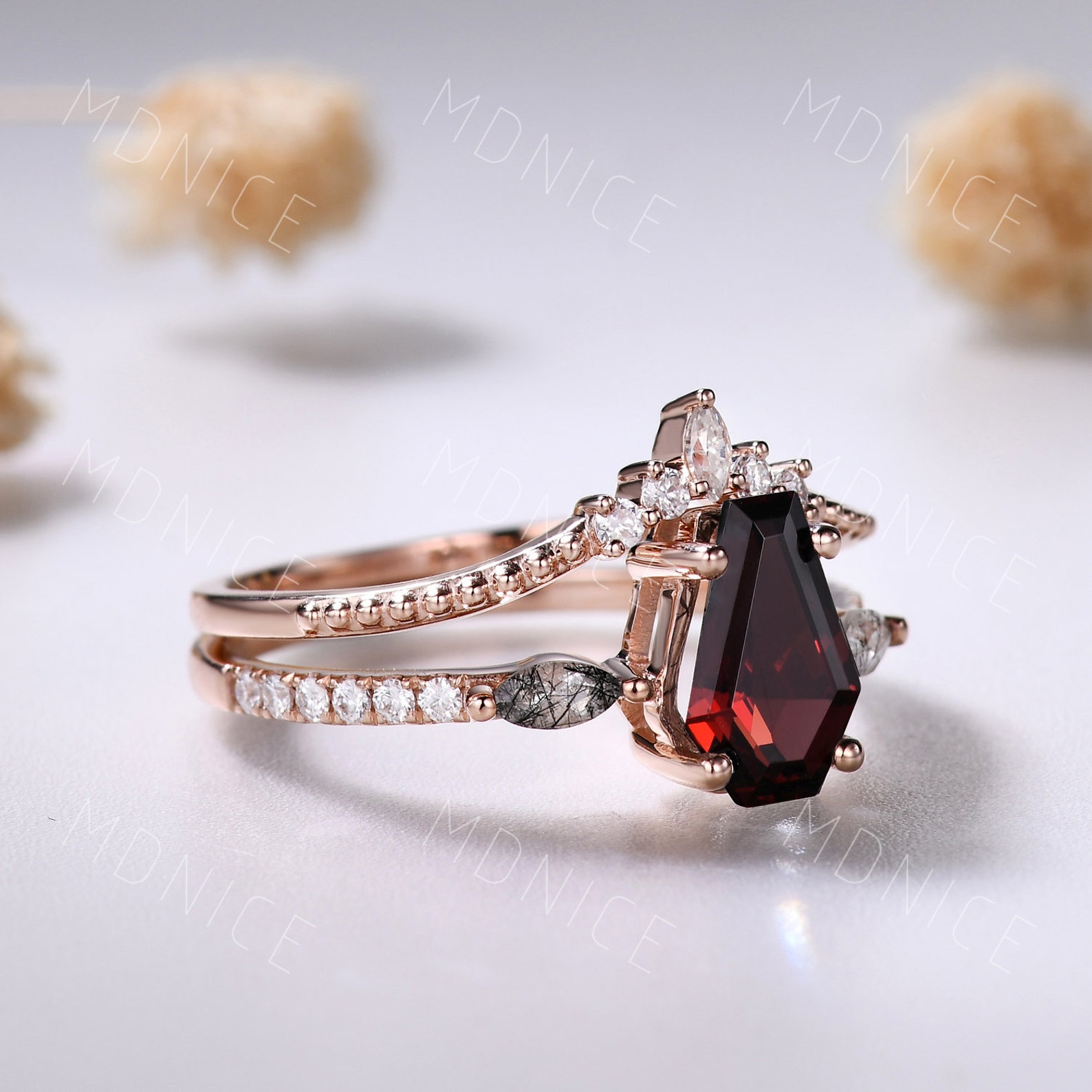 Gothic Coffin Shaped Garnet Wedding Ring Set & Marquise Cut Black Gothic Coffin Shaped Garnet Wedding Ring Set & Marquise Cut Black