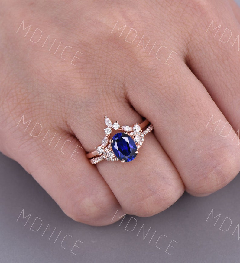 Sapphire Engagement Ring Set Oval Blue Sapphire Engagement Etsy