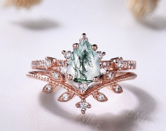 Ensemble de bagues de fiançailles en agate mousse et poire, bague en or rose en agate verte en forme de poire, bague d'anniversaire de mariage en agate feuille en forme de larme ancienne, cadeau pour une mère