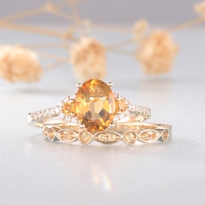 Natural Yellow Citrine Ring, Citrine Engagement Ring, November Birthstone Ring, Art Deco Cirtine Wedding Band, Citrine Ring for Women