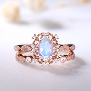 Moonstone engagement ring set vintage unique rose gold engagement ring art deco wedding ring for women bridal ring set anniversary gift